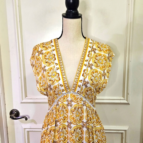 Loveriche Yellow Multi-Color Baroque V-Neckline Front Slit Maxi Dress,Small - Picture 13 of 15